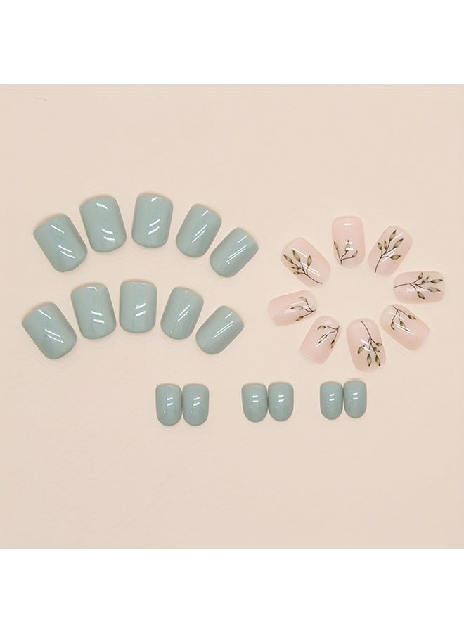 24 Pcs Glossy Short Square Press On Nails Pinkish And Green False Nails With Leaf Pattern Reusable Acrylic Fake Nails - Image 3