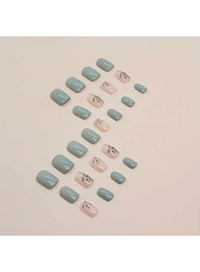 24 Pcs Glossy Short Square Press On Nails Pinkish And Green False Nails With Leaf Pattern Reusable Acrylic Fake Nails - Image 4