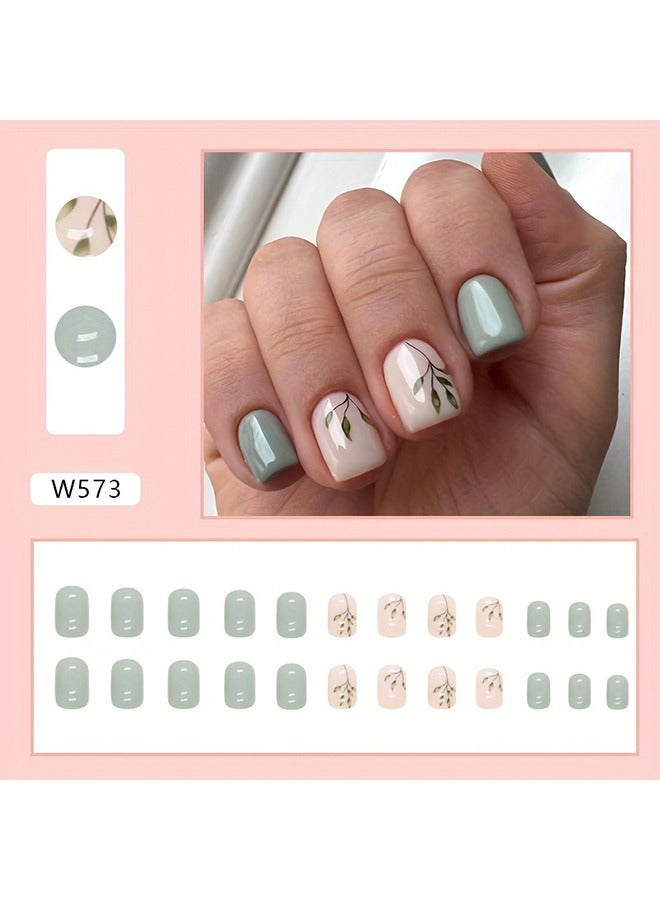 24 Pcs Glossy Short Square Press On Nails Pinkish And Green False Nails With Leaf Pattern Reusable Acrylic Fake Nails - Image 5