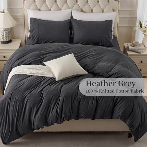 PURE ERA Jersey Knit Duvet Cover Set 100% T-Shirt Cotton Super Soft Comfy 3pc Bedding Set with Zipper Closure (Heather Charcoal Grey, King) - Image 3