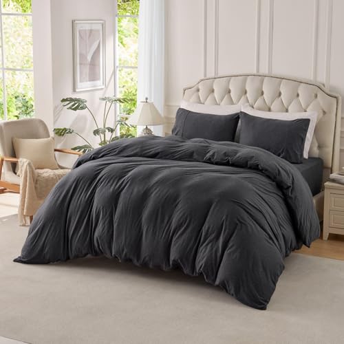 PURE ERA Jersey Knit Duvet Cover Set 100% T-Shirt Cotton Super Soft Comfy 3pc Bedding Set with Zipper Closure (Heather Charcoal Grey, King) - Image 1