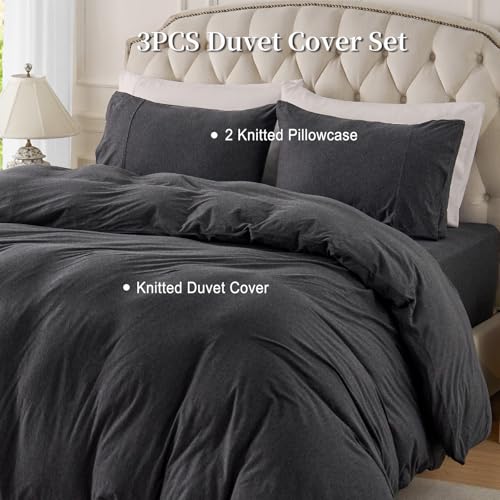 PURE ERA Jersey Knit Duvet Cover Set 100% T-Shirt Cotton Super Soft Comfy 3pc Bedding Set with Zipper Closure (Heather Charcoal Grey, King) - Image 5