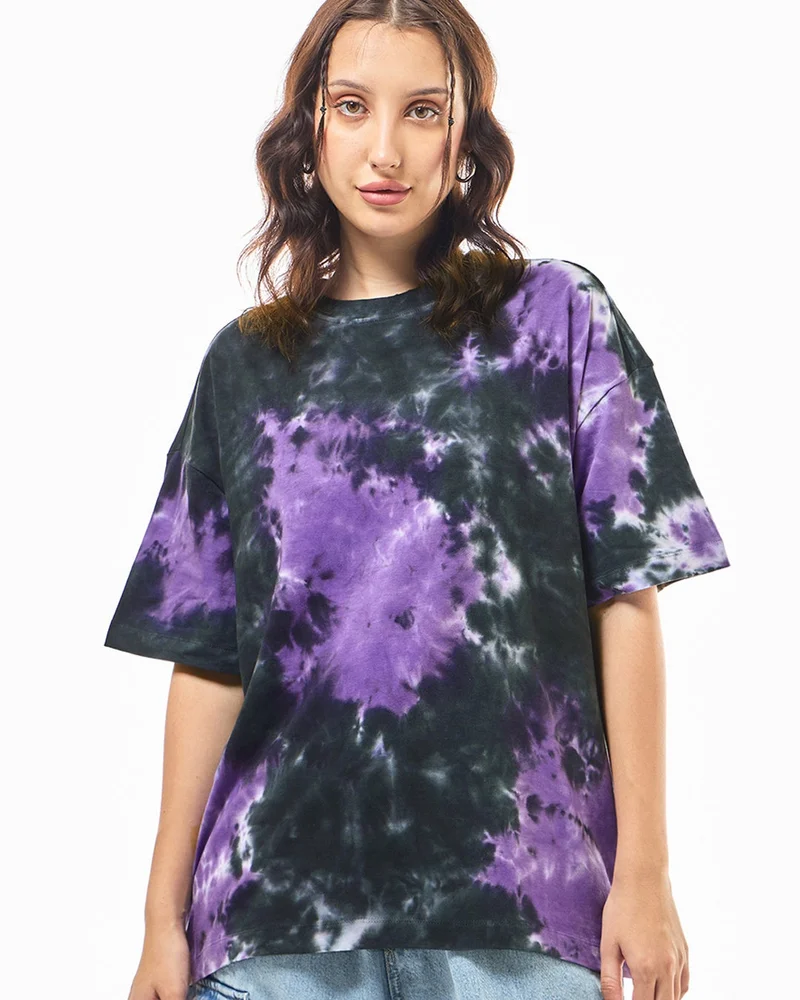bewakoof Women's Purple & Black Tie & Dye Oversized T-shirt