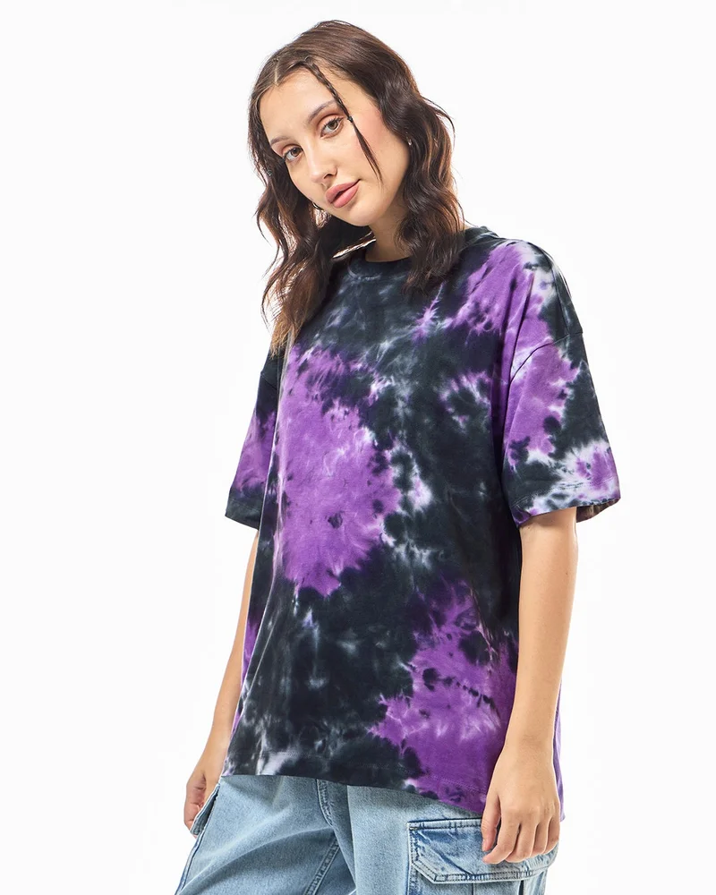 bewakoof Women's Purple & Black Tie & Dye Oversized T-shirt