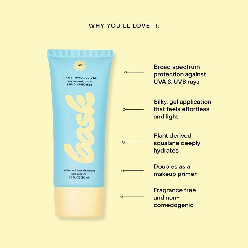 Bask Suncare SPF 40 Daily Invisible Gel Face Sunscreen - Broad Spectrum Protection, Fragrance Free, Makeup Primer, Hydrating, Clear, Lightweight & Non-Greasy, Dermatologist Recommended, 1.7 fl oz - Image 3