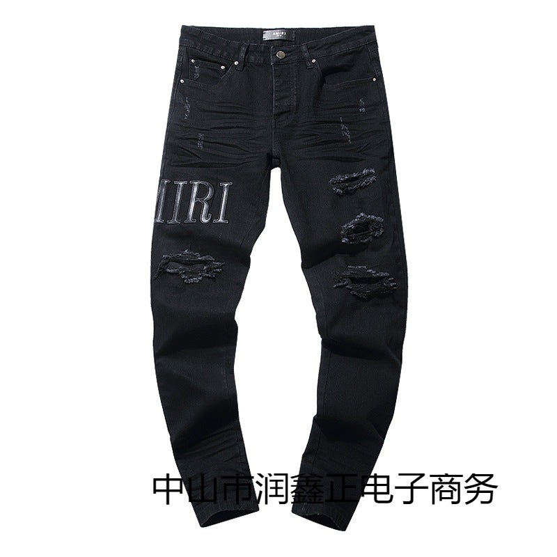 Purple American High Street Hole Patch Trend Retro Straight Amiri Denim Pants Brand - Image 3