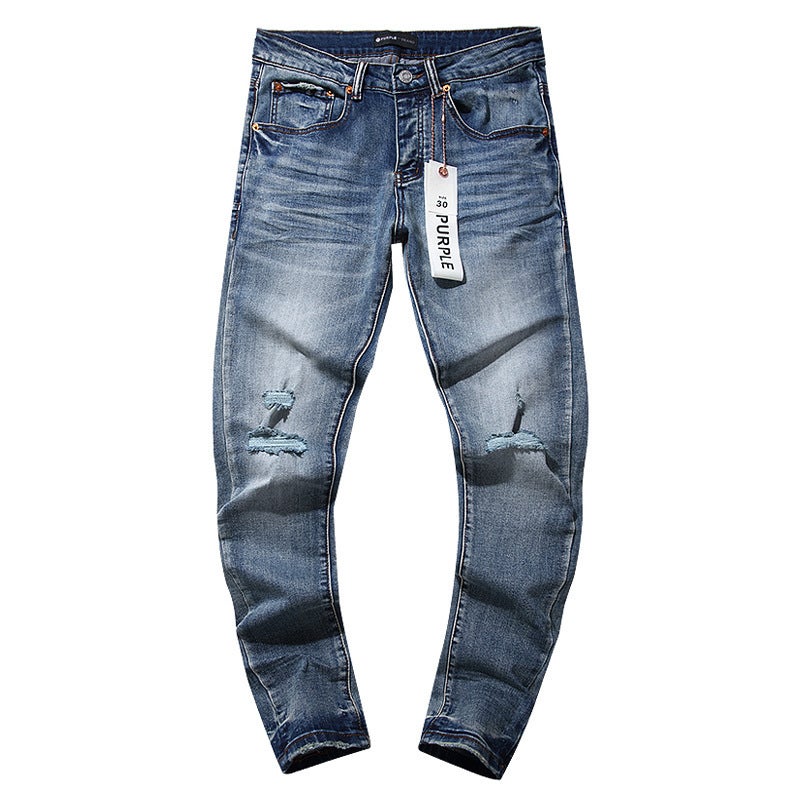 Purple American High Street Hole Patch Trend Retro Straight Amiri Denim Pants Brand - Image 1