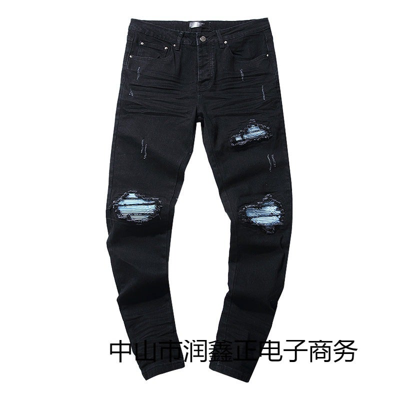 Purple American High Street Hole Patch Trend Retro Straight Amiri Denim Pants Brand - Image 4