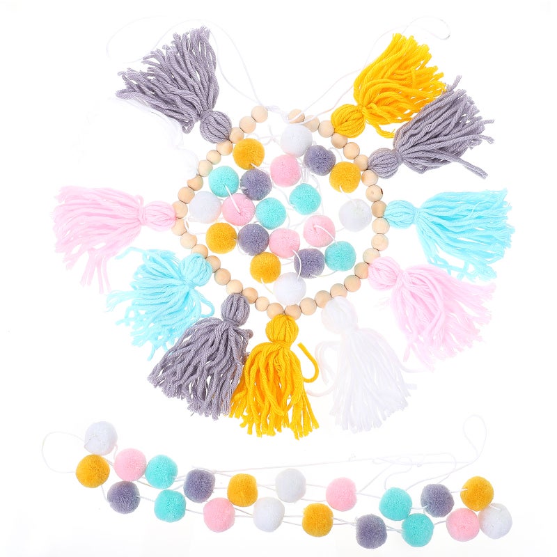 1 Set Pom Pom Wood Bead Tassel String Pendant Beautiful Wall Decorative Pendant - Image 1