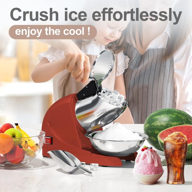OKF Shaved Ice Machine 380w Snow Cone Machine 3 Stainless Steel Blades Ice Shaver Machine Electric Ice Crusher 280lbs/hr Snow Cone Maker for Home and Commercial with Ice Pick(Red) - Image 3