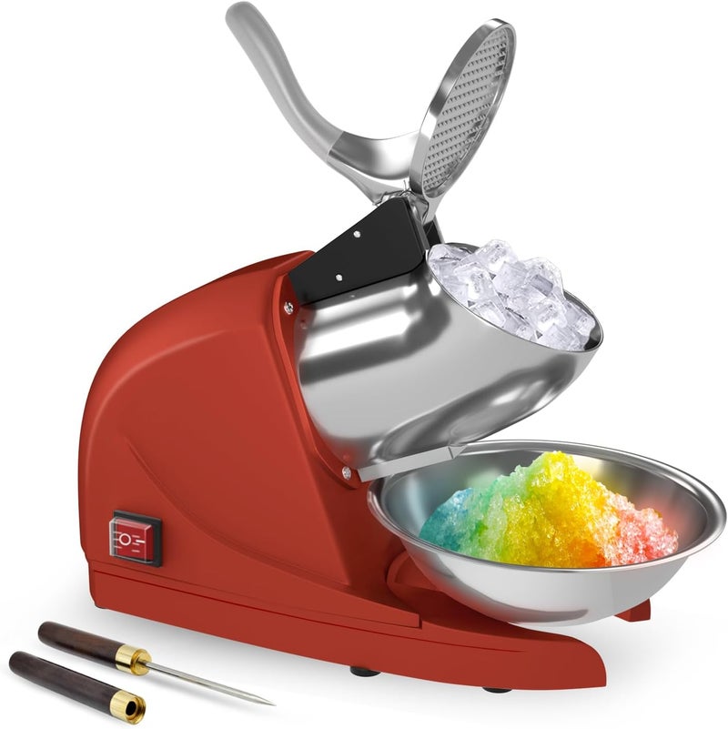 OKF Shaved Ice Machine 380w Snow Cone Machine 3 Stainless Steel Blades Ice Shaver Machine Electric Ice Crusher 280lbs/hr Snow Cone Maker for Home and Commercial with Ice Pick(Red) - Image 1
