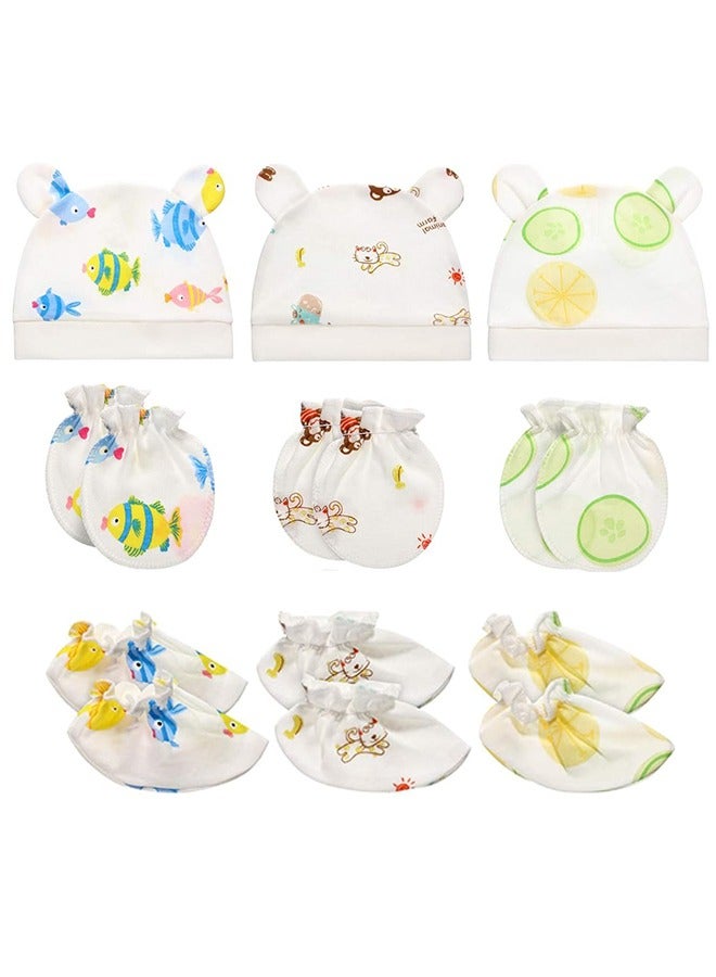 9Pcs Newborn Cap Mitten Sock, Including 3 Pieces Newborn Hats, 3 Pairs Baby No Scratch Mittens Gloves and 3 Pairs Infant Socks for 0-6 Months Unisex Baby Boys Girls Set Multicoloured - Image 1