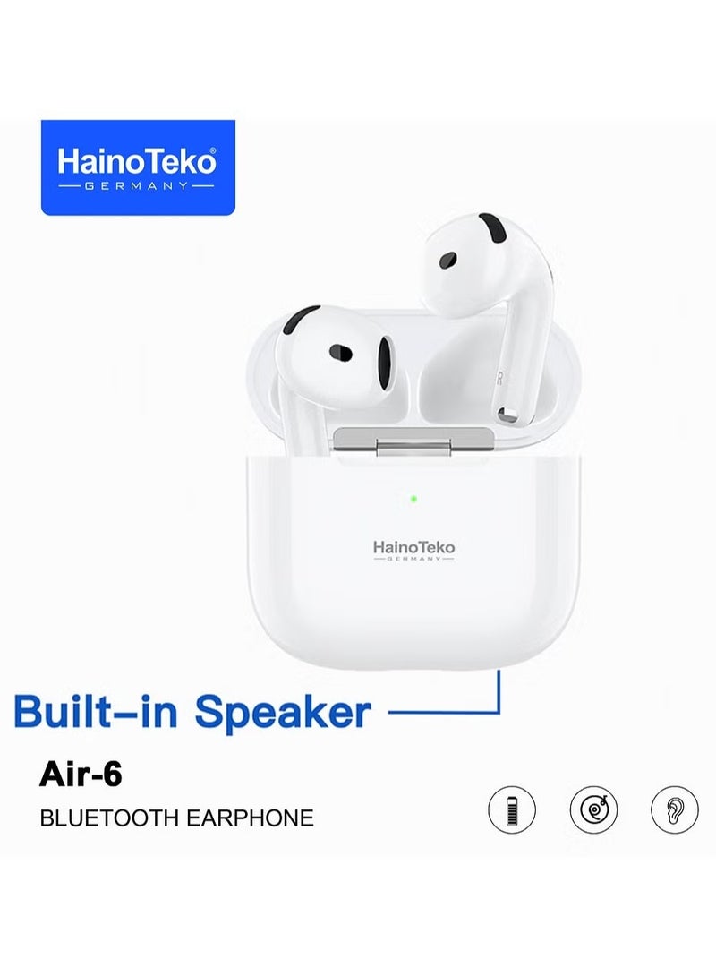 Haino Teko Air-6 Wireless Bluetooth Earphones with Built-in Mini Speaker – Touch Control, Noise-Isolating Mic, Dual Functionality for Music & Calls, Compact Earbuds Compatible with iPhone, iPad, Android, Laptops – White, Hands-Free Portable Audio - Image 1