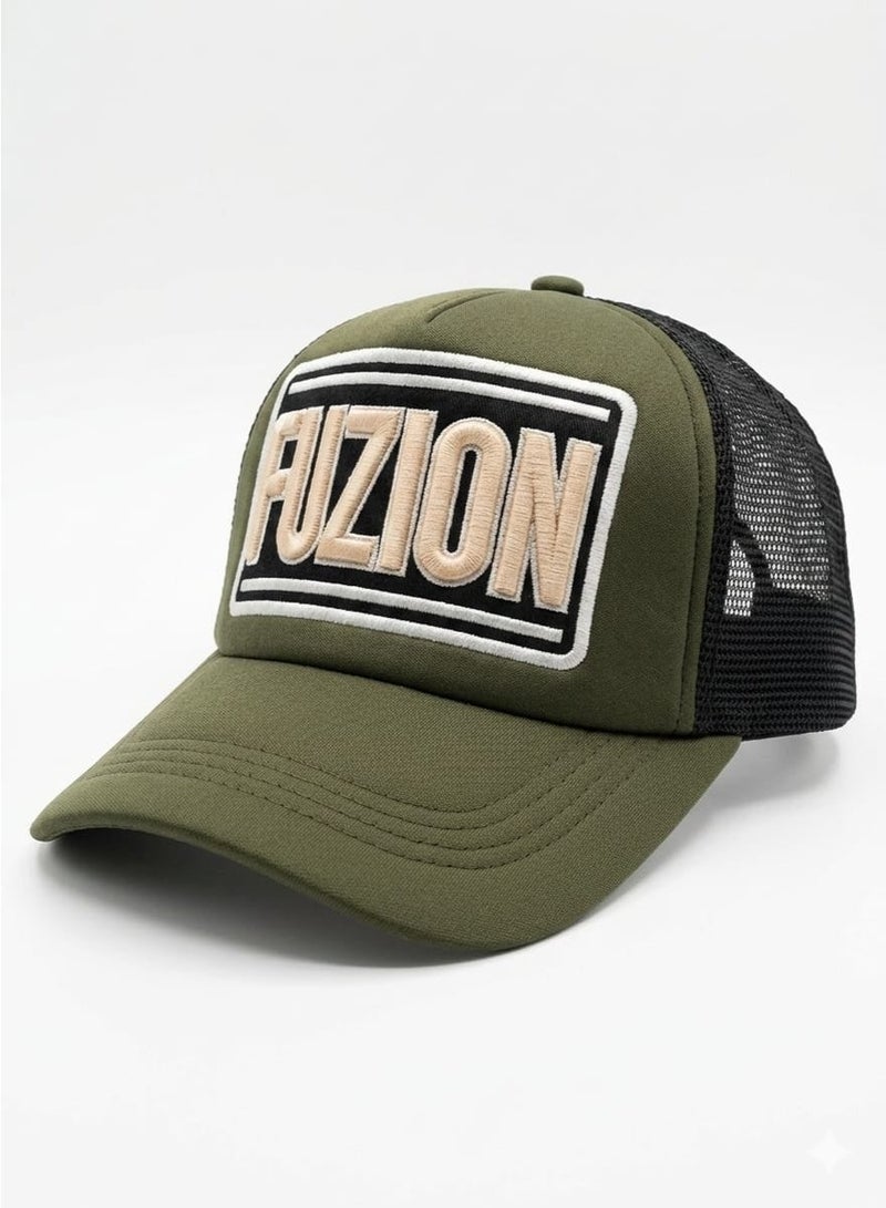 FUZION Green & Black Mesh Trucker Cap – Bold 3D Embroidered Logo – Adjustable Unisex Fit - Image 1
