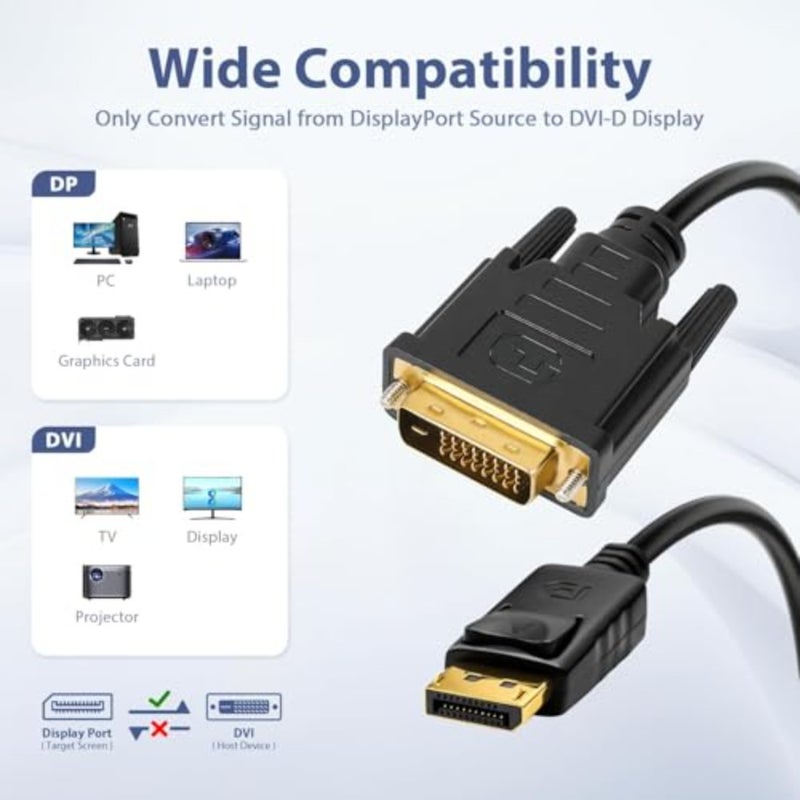 كابل DisplayPort DP إلى DVI بطول 1.8 متر، سلك ذكر مطلي بالذهب إلى ذكر DP إلى DVI يدعم 1080P@60 هرتز، متوافق مع الكمبيوتر والكمبيوتر المحمول والشاشة وجهاز العرض والتلفزيون عالي الدقة - Image 3