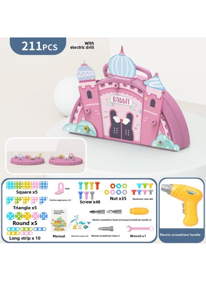 Children's Playhouse Simulation Assembly Nut Disassembly And Assembly Insert Toolbox Electric Drill DIY Puzzle Suitcase Toy-Color:188223Building Screw Box-princess Castle 211pcs With Electric Drill  - Image 1