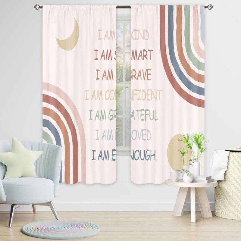 Cinbloo Boho Quotes Curtains 42Wx63H Inch Rod Pocket Kids Curtain Colorful Rainbow Inspirational Motivational Positive Words Moon Sun Girls Living Room Bedroom Classroom Window Drapes Fabric 2 Panels - Image 2
