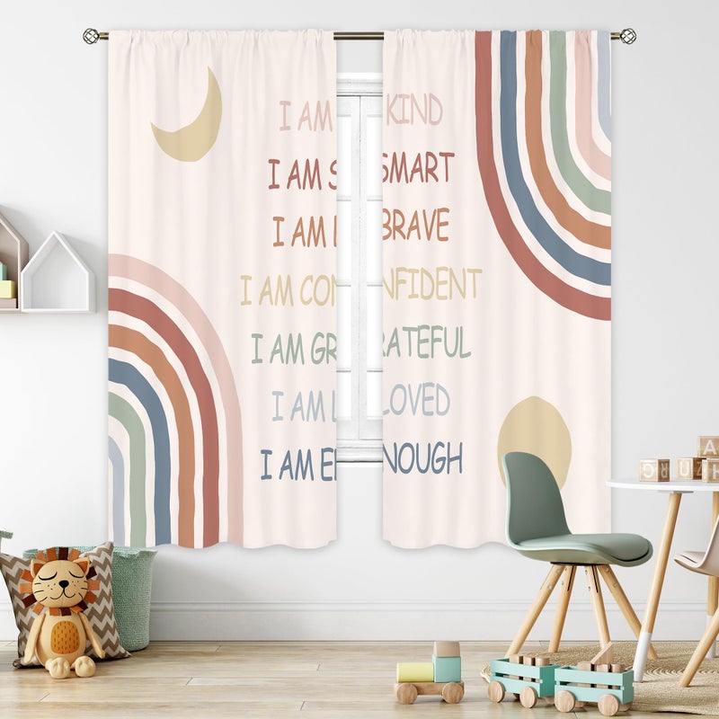 Cinbloo Boho Quotes Curtains 42Wx63H Inch Rod Pocket Kids Curtain Colorful Rainbow Inspirational Motivational Positive Words Moon Sun Girls Living Room Bedroom Classroom Window Drapes Fabric 2 Panels - Image 1