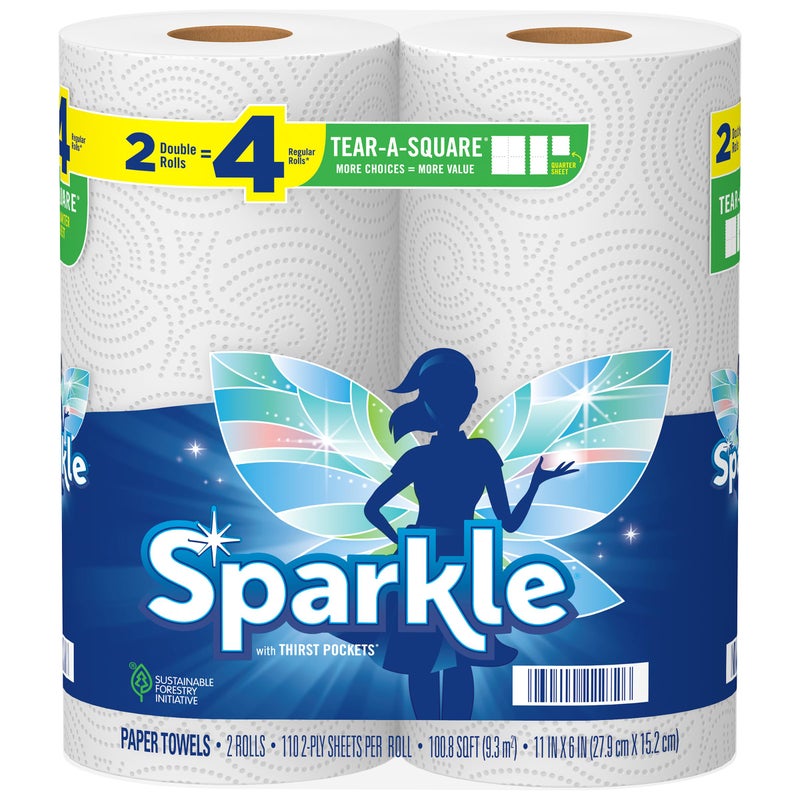 Sparkle Tear-A-Square Paper Towels, 2 Double Rolls = 4 Regular Rolls, Customizable Sheet Size Paper Towel - Image 1