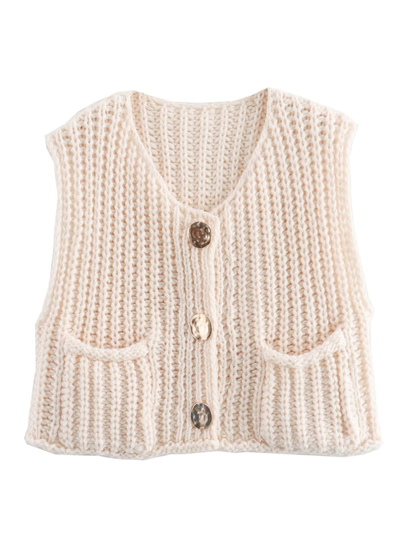 KASTWAVE بلوزة نسائية محبوكة بتصميم كروشيه سميك، سترة كاردigan بدون أكمام، بلوزات قصيرة بأزرار، سترة كاردigan عصرية مع جيوب، بيج، L - Image 1