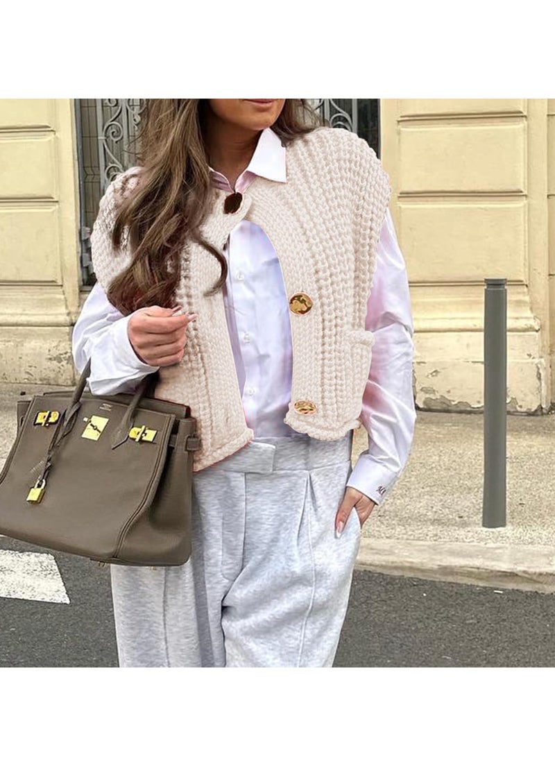 KASTWAVE بلوزة نسائية محبوكة بتصميم كروشيه سميك، سترة كاردigan بدون أكمام، بلوزات قصيرة بأزرار، سترة كاردigan عصرية مع جيوب، بيج، L - Image 3