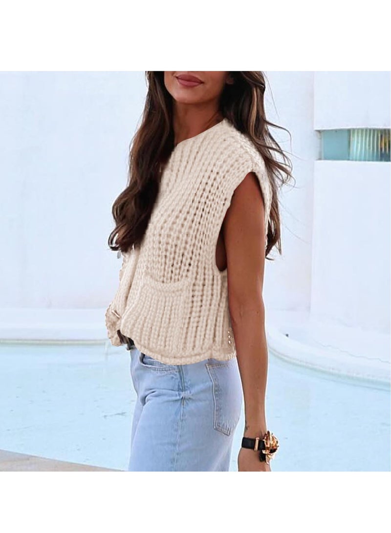 KASTWAVE بلوزة نسائية محبوكة بتصميم كروشيه سميك، سترة كاردigan بدون أكمام، بلوزات قصيرة بأزرار، سترة كاردigan عصرية مع جيوب، بيج، L - Image 4