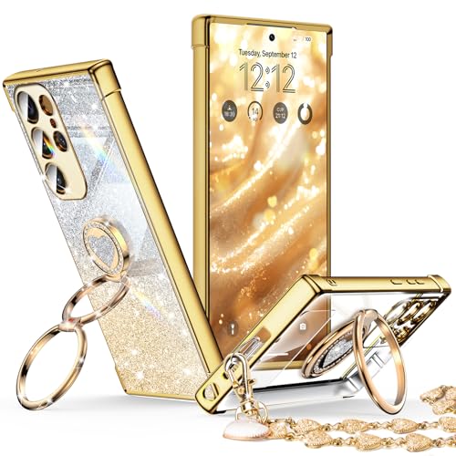 XYZ for Samsung Galaxy S22 Ultra Case with Stand Galaxy S22 Ultra Case with Double Ring Women Girls Bling Luxury Glitter Clear Phone Case Cover Heart for Samsung Galaxy S22 Ultra Gold - Image 1