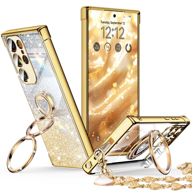 XYZ for Samsung Galaxy S22 Ultra Case with Stand Galaxy S22 Ultra Case with Double Ring Women Girls Bling Luxury Glitter Clear Phone Case Cover Heart for Samsung Galaxy S22 Ultra Gold - Image 2