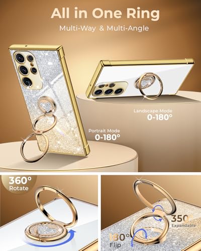 XYZ for Samsung Galaxy S22 Ultra Case with Stand Galaxy S22 Ultra Case with Double Ring Women Girls Bling Luxury Glitter Clear Phone Case Cover Heart for Samsung Galaxy S22 Ultra Gold - Image 3