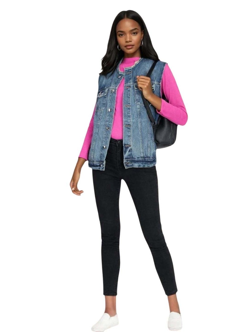 KOTTY Women's Solid Sleeveless Sapphire Blue Buttoned Denim Jacket (Blue,M)-KTTFKDENIMJACKET150M - Image 1