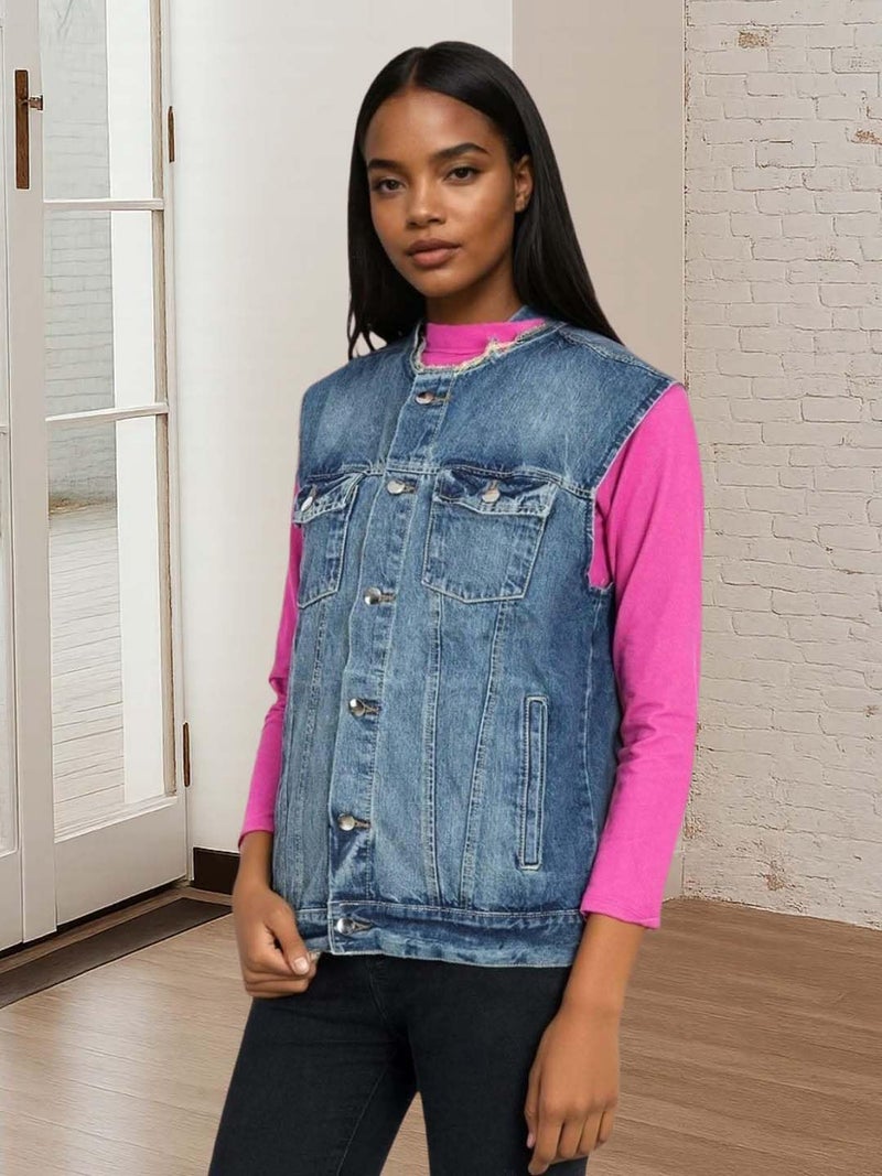 KOTTY Women's Solid Sleeveless Sapphire Blue Buttoned Denim Jacket (Blue,M)-KTTFKDENIMJACKET150M - Image 3