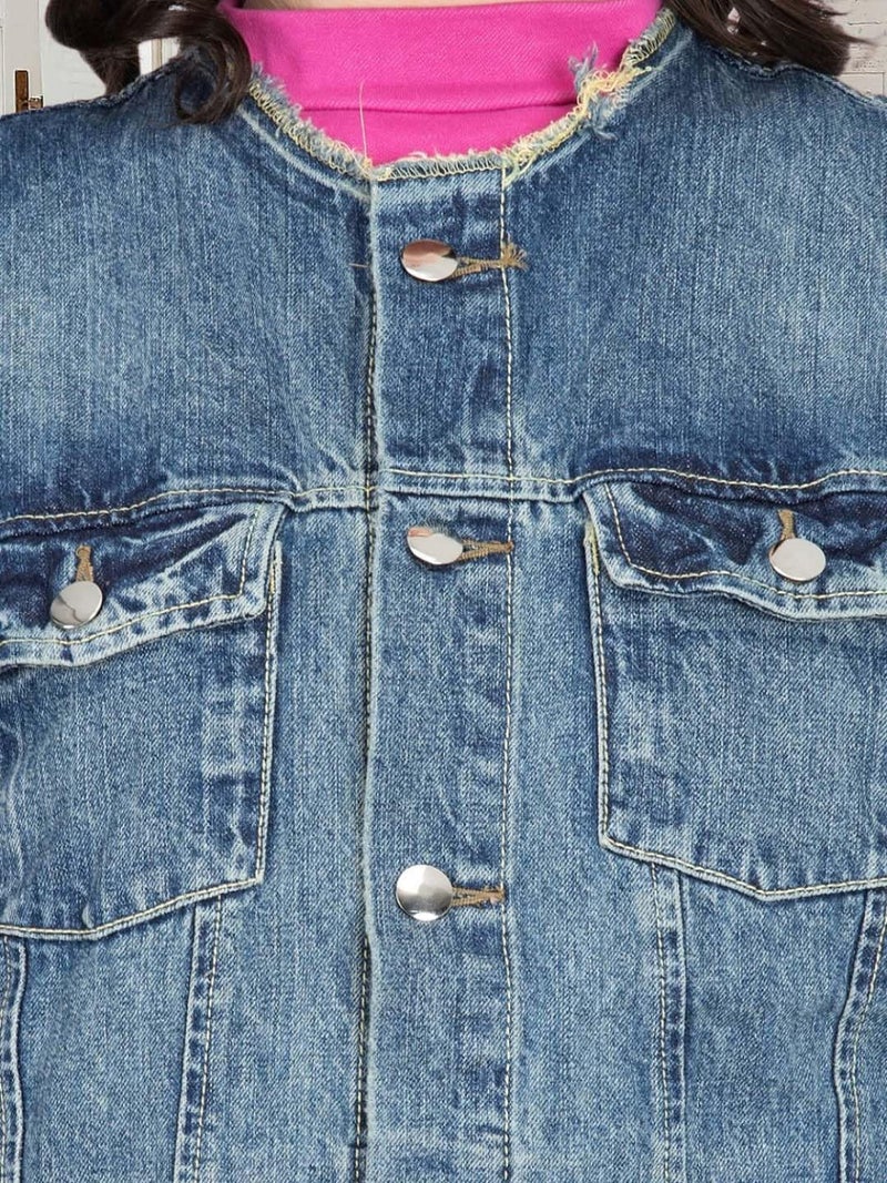 KOTTY Women's Solid Sleeveless Sapphire Blue Buttoned Denim Jacket (Blue,M)-KTTFKDENIMJACKET150M - Image 5