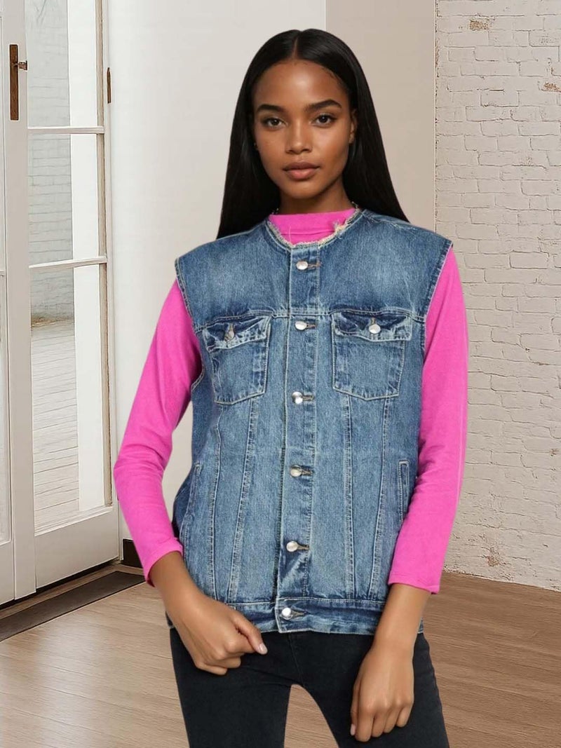 KOTTY Women's Solid Sleeveless Sapphire Blue Buttoned Denim Jacket (Blue,M)-KTTFKDENIMJACKET150M - Image 4