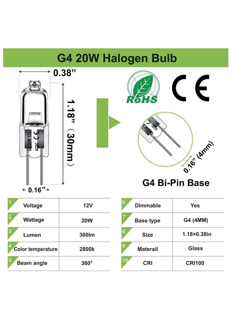 12 Pack G4 Bulb Crystal Clear Halogen Light Bulb for Under Cabinet Puck Light Chandeliers Landscape Lighting