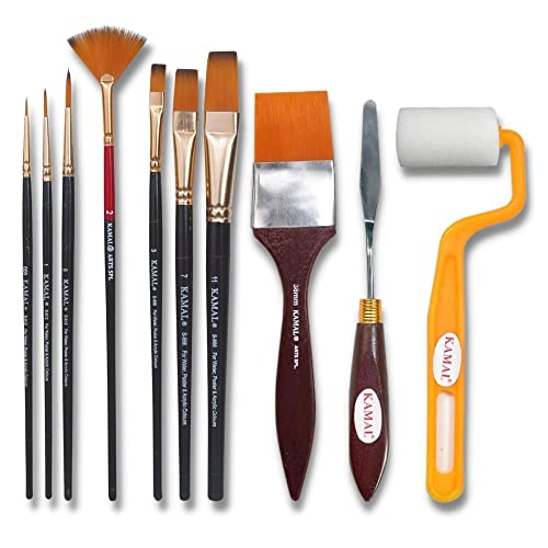 KAMAL Essential Full Toolkit Paint Brushes Set - Paint Brushes Roller and Knife for Acrylic Paints, Oil, Modern Art Painting (Set of 10)(Wood) - Image 1