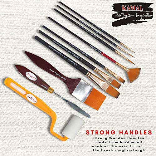 KAMAL Essential Full Toolkit Paint Brushes Set - Paint Brushes Roller and Knife for Acrylic Paints, Oil, Modern Art Painting (Set of 10)(Wood) - Image 2