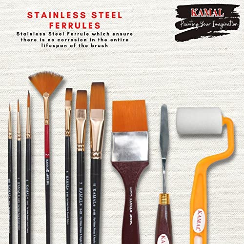 KAMAL Essential Full Toolkit Paint Brushes Set - Paint Brushes Roller and Knife for Acrylic Paints, Oil, Modern Art Painting (Set of 10)(Wood) - Image 4