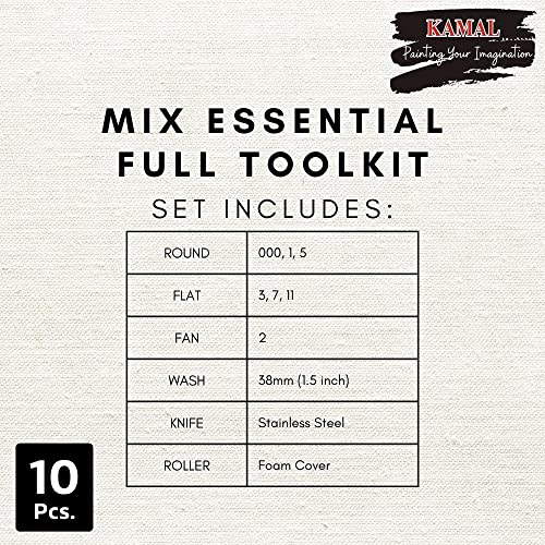 KAMAL Essential Full Toolkit Paint Brushes Set - Paint Brushes Roller and Knife for Acrylic Paints, Oil, Modern Art Painting (Set of 10)(Wood) - Image 5