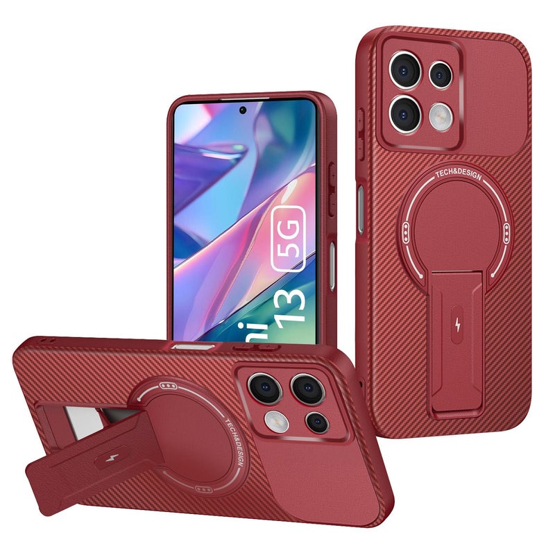 erorex For Redmi Note 13 5G Global Carbon Fiber Texture MagSafe Phone Case with Holder(Red) - Image 1