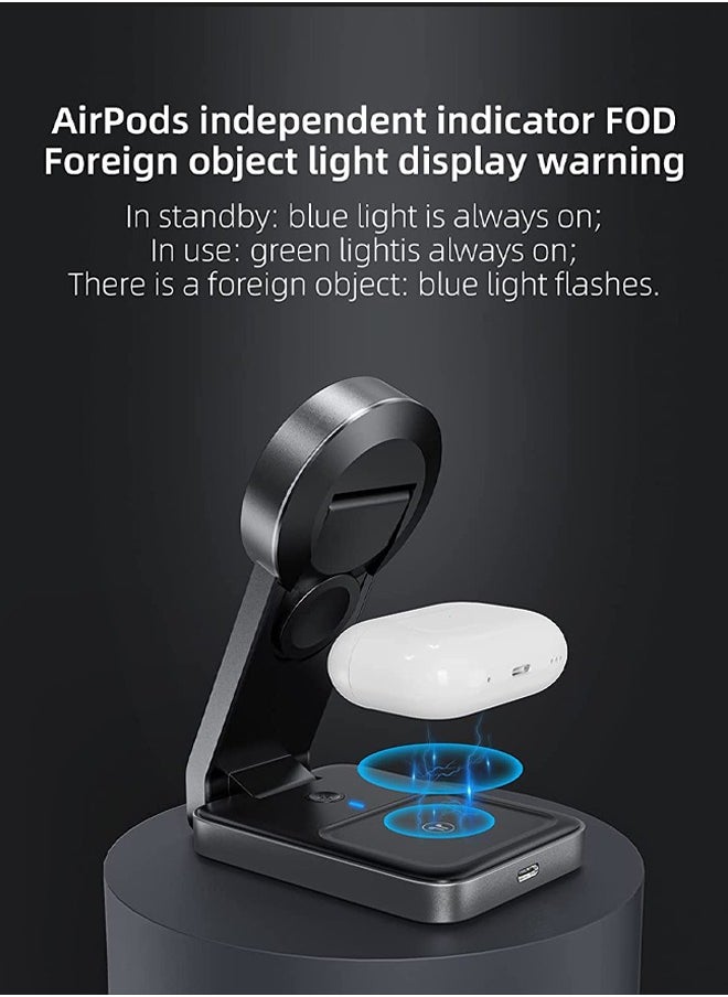 Magnetic Charging Station, Wireless Charger for Magsafe Charger Stand for iPhone 14/13/12 Pro Max, Apple Charging Station for iWatch 8/7/6，Foldable 3 in 1 Mag Safe Charger with Light
