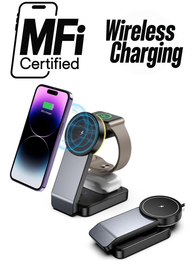 Magnetic Charging Station, Wireless Charger for Magsafe Charger Stand for iPhone 14/13/12 Pro Max, Apple Charging Station for iWatch 8/7/6，Foldable 3 in 1 Mag Safe Charger with Light