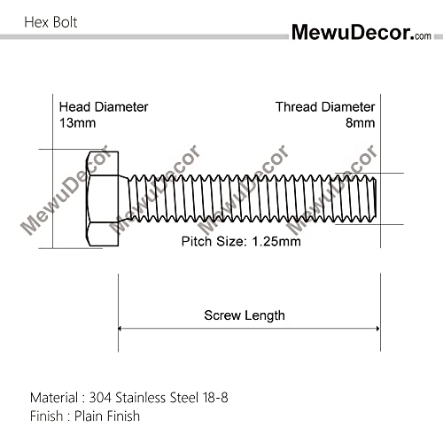 MewuDecor M8-1.25 x 30mm Hex Head Bolts Hexagon Screws, 304 Stainless Steel 18-8, Plain Finish, Fully Threaded, 20 PCS - Image 2
