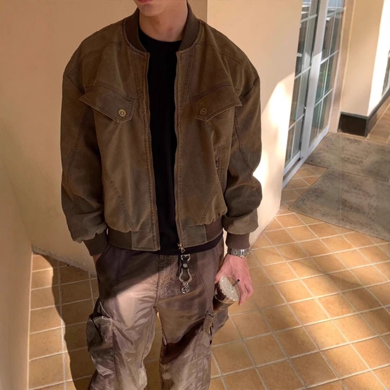 Maillard Brown Short Workwear Jacket Men'S Washable Brand Baseball Suit American Vintage Harrington Jacket - Image 5