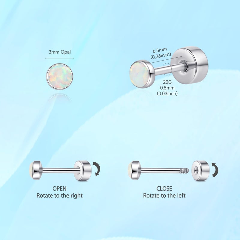 limerencia 20G Titanium Flatback Earrings for Sensitive Ears, G23 Hypoallergenic Titanium Simulated Opal Post Screw Back on Earrings for Cartilage Helix Tragus(3mm,White) - Image 5