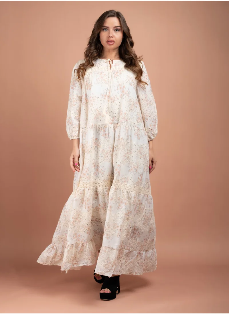 IKKXA Floral Printed Embroidered Jalabiya CJ1008 Multicolor Beige