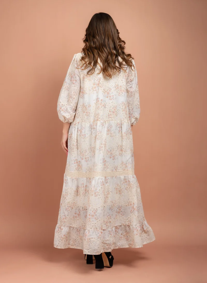 IKKXA Floral Printed Embroidered Jalabiya CJ1008 Multicolor Beige