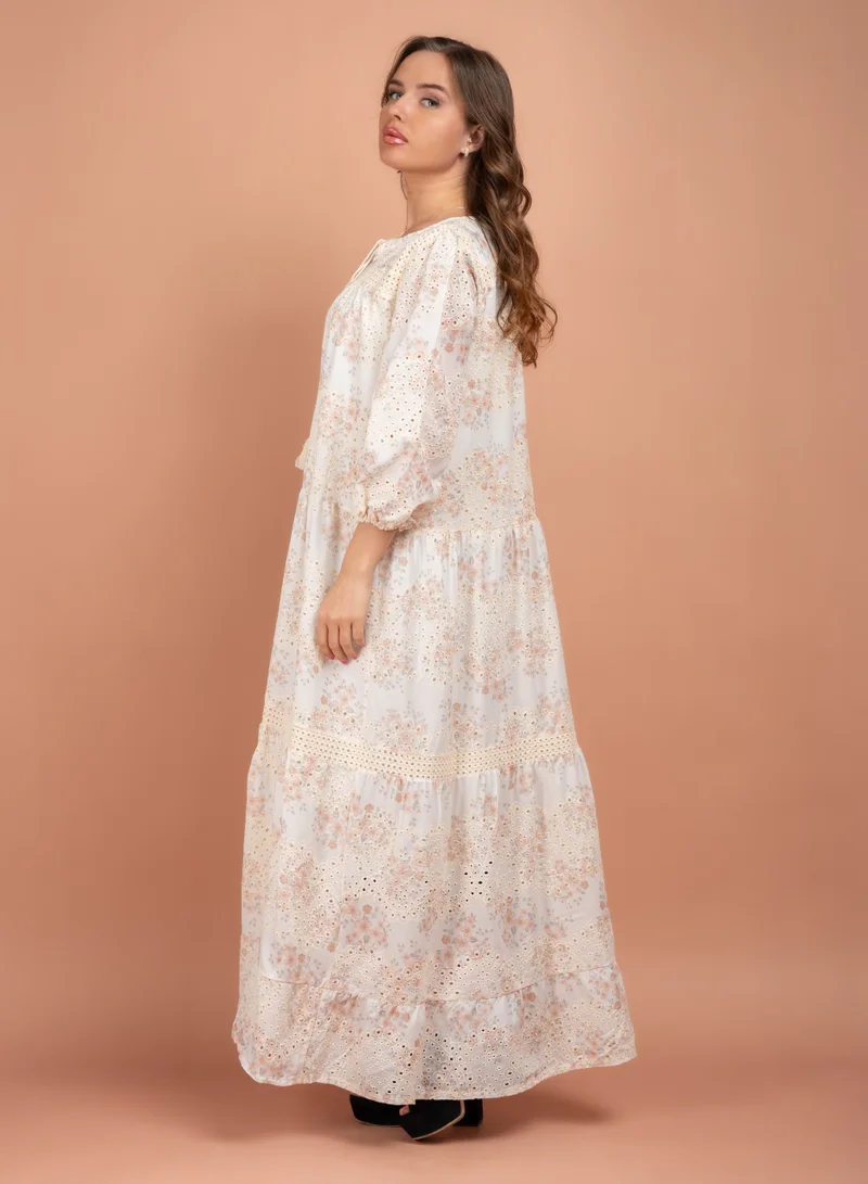 IKKXA Floral Printed Embroidered Jalabiya CJ1008 Multicolor Beige