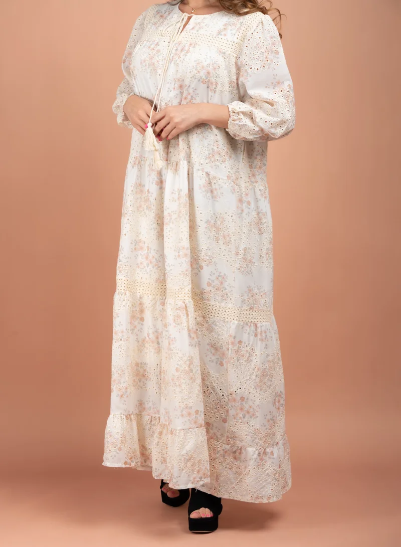 IKKXA Floral Printed Embroidered Jalabiya CJ1008 Multicolor Beige