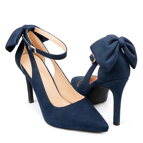 COLETER Womens Bow Knot High Heels Pointed Toe Stiletto Ankle Strap D'Orsay Pumps Bow Evening Dress Shoes Suede Navy Blue 9.5US - Image 1