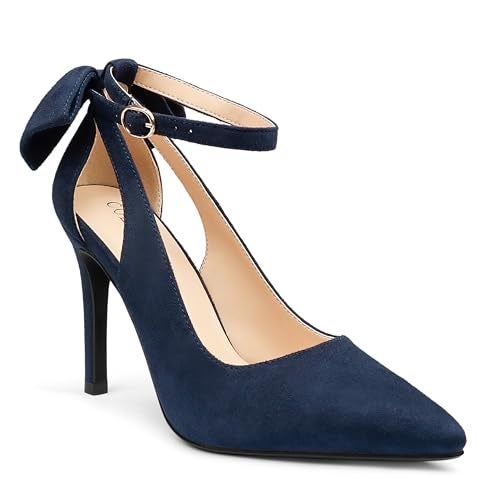 COLETER Womens Bow Knot High Heels Pointed Toe Stiletto Ankle Strap D'Orsay Pumps Bow Evening Dress Shoes Suede Navy Blue 9.5US - Image 4